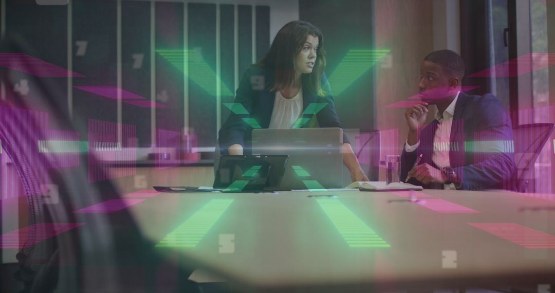 Diverse Business Team Strategizing with Futuristic Overlay