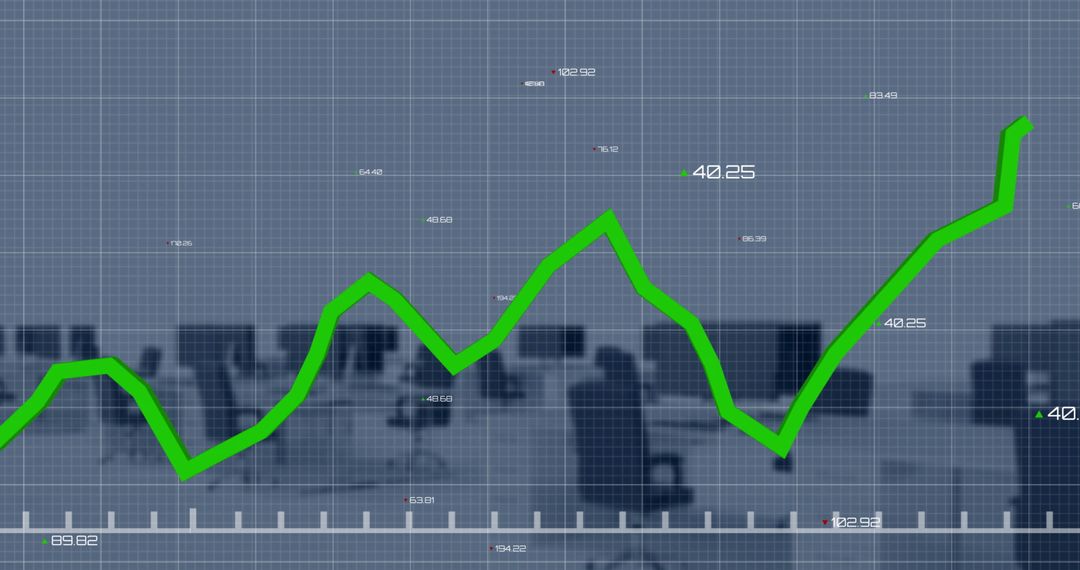 Green Line Graph Overlaid on Empty Office with Data Overlay