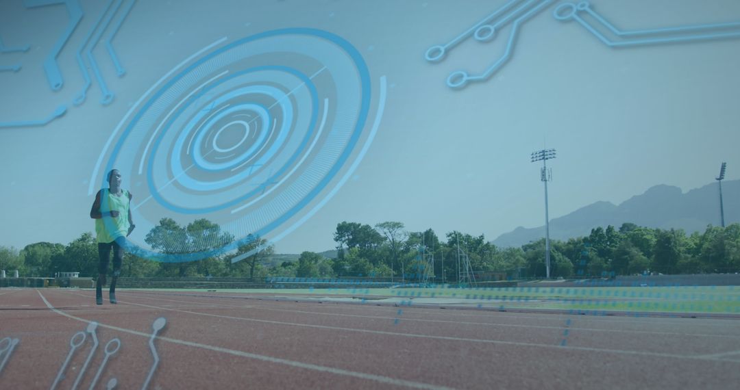 Disabled Athlete with Running Blades on Track and Digital Interface