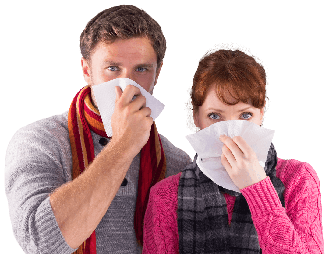 Transparent Image of Couple Blowing Noses with Tissues