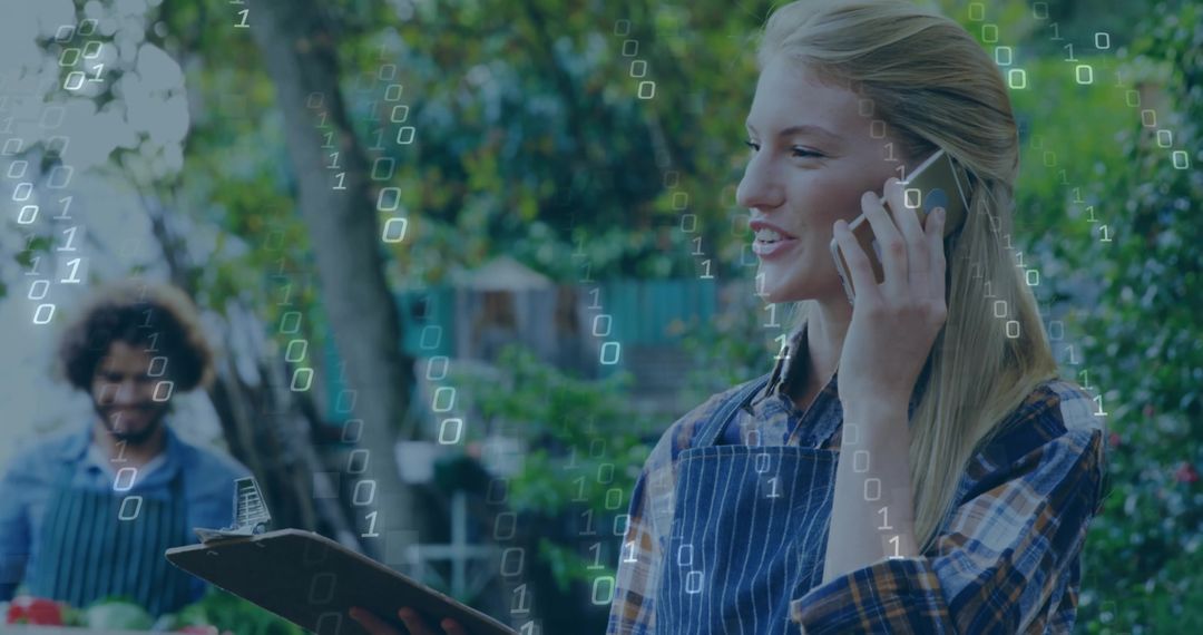 Young Vendor Using Smartphone in Eco-friendly Market with Identical Patterns