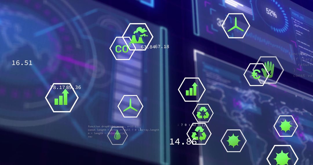 Futuristic Environmental Dashboard with Analytics Icons in Control Room