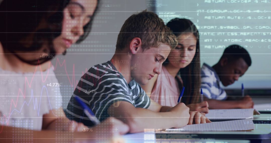 Students Studying with Digital Interfaces in Modern Classroom