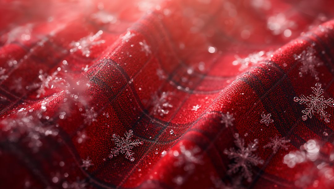 Close-Up of Red Tartan Fabric with Decorative Snowflakes