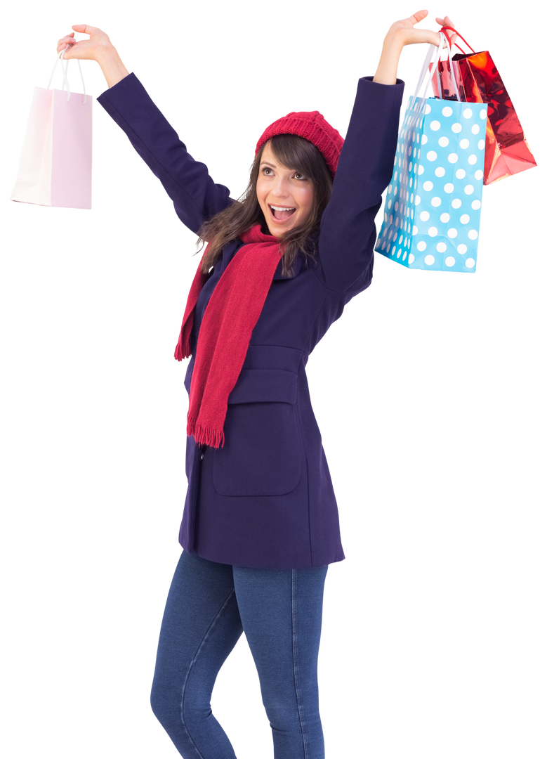 Brunette in Winter Clothes Carrying Colorful Shopping Bags Transparent - Download Free Stock Images Pikwizard.com