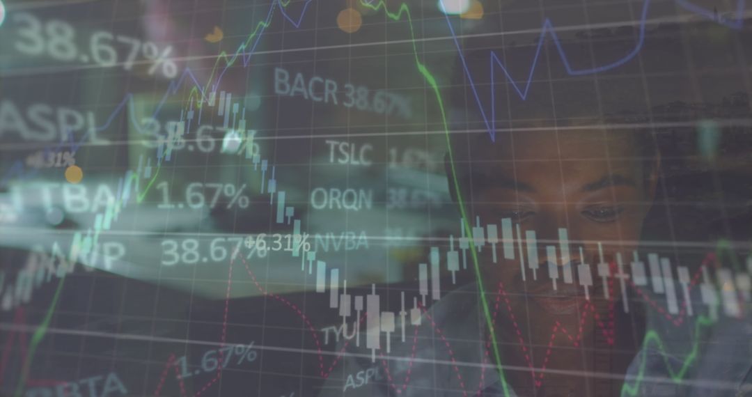 Financial Data Overlay with Businessman Navigating Analytics