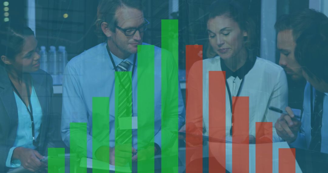 Coworkers Analyzing Reports with Bar Chart Projection