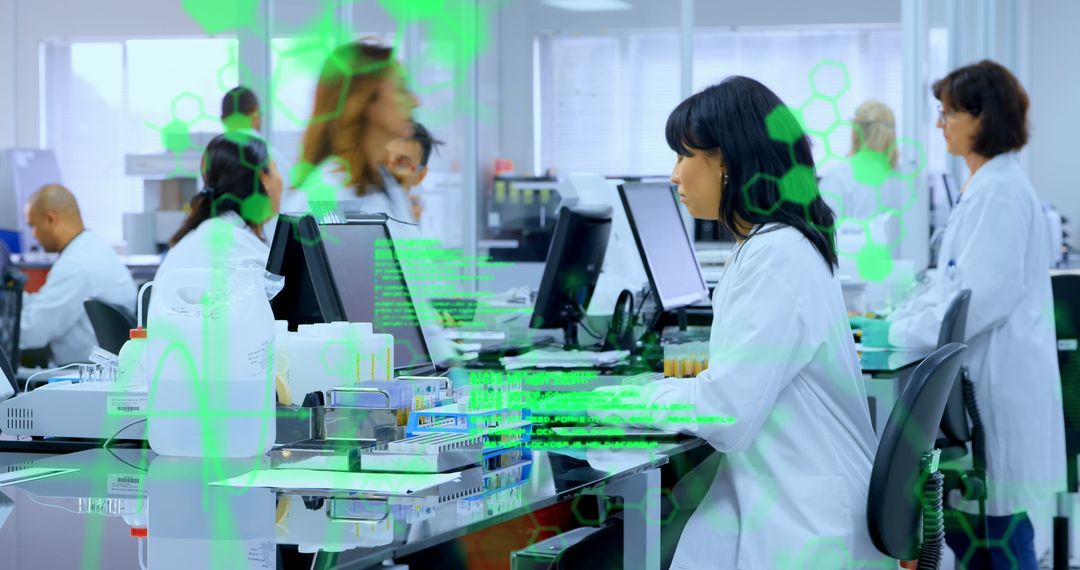 Cutting-edge research: scientists analyzing data in high tech laboratory environments