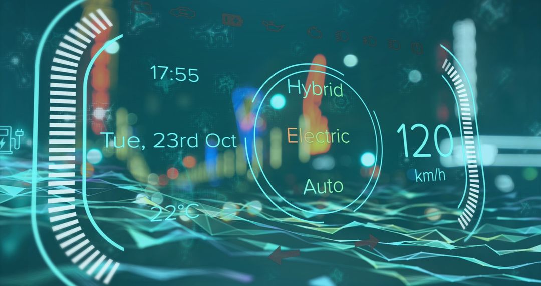 Futuristic Digital Car Speedometer Display with City Lights