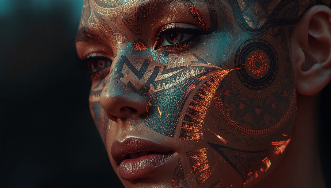 Futuristic Art: Female Face with Intricate Metallic Patterns