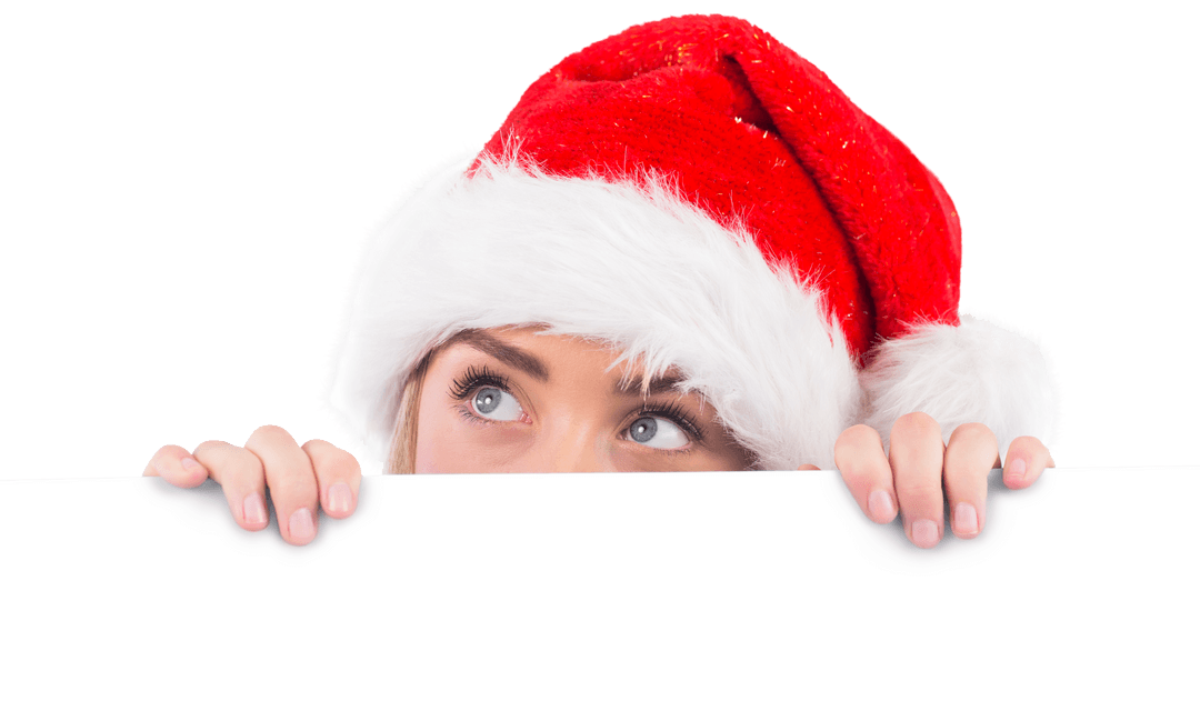Woman in Santa Hat Looking Over Transparent Banner