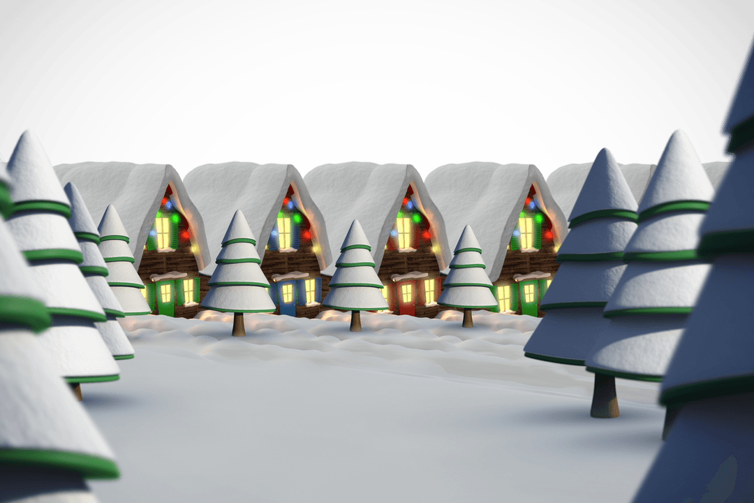 Transparent Digital Illustration of Snowy Cabin at Night with Pine Trees