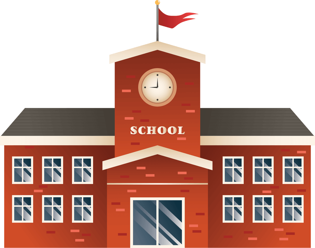 Classic Red Brick School Building on Transparent Background