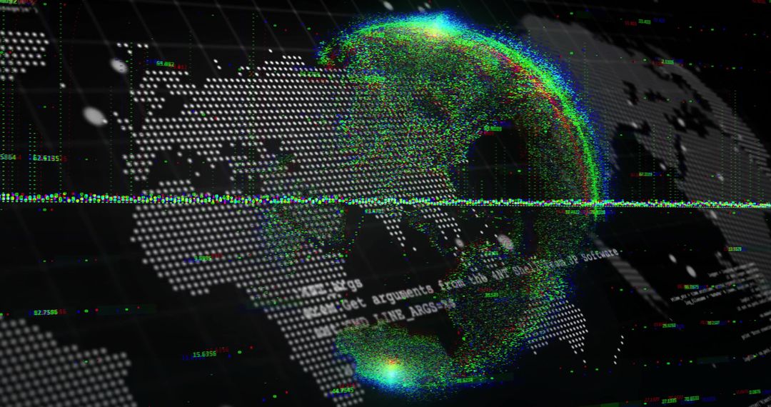 Rotating Holographic Globe with RGB Glitch Halo, Halftone World Map and Futuristic Data HUD