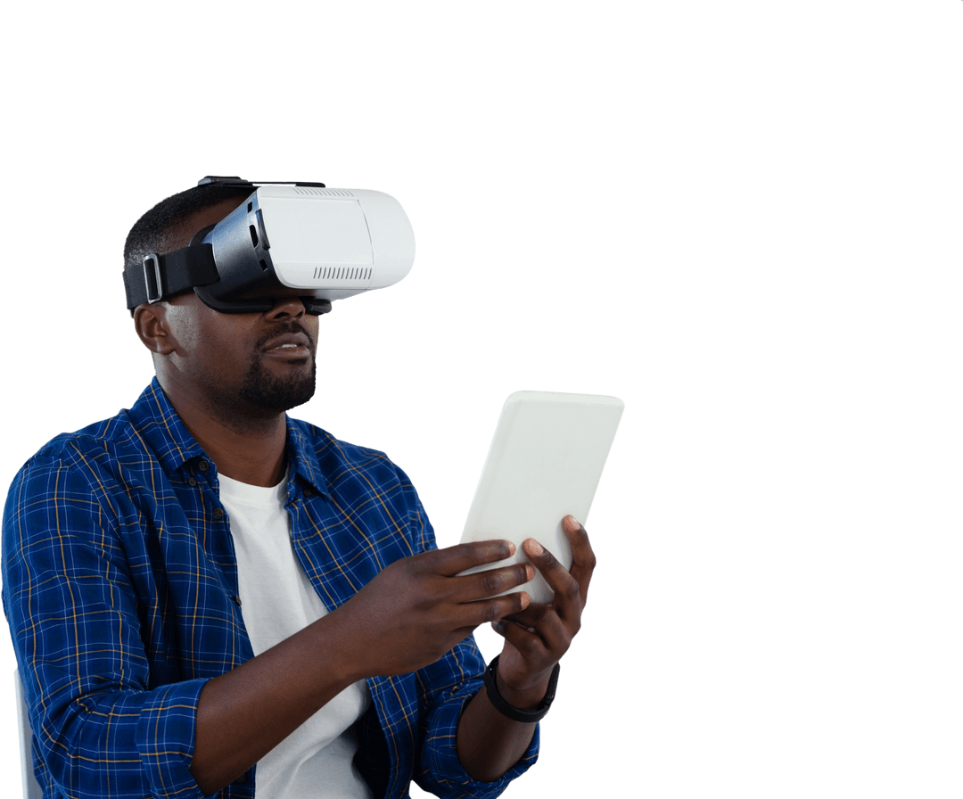 Transparent Background Man Using Virtual Reality and Tablet Outdoors