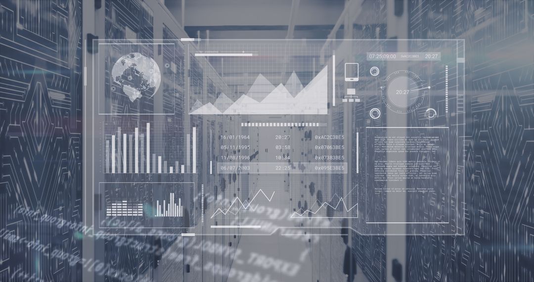 Futuristic Display with Data Analytics Over Server Racks