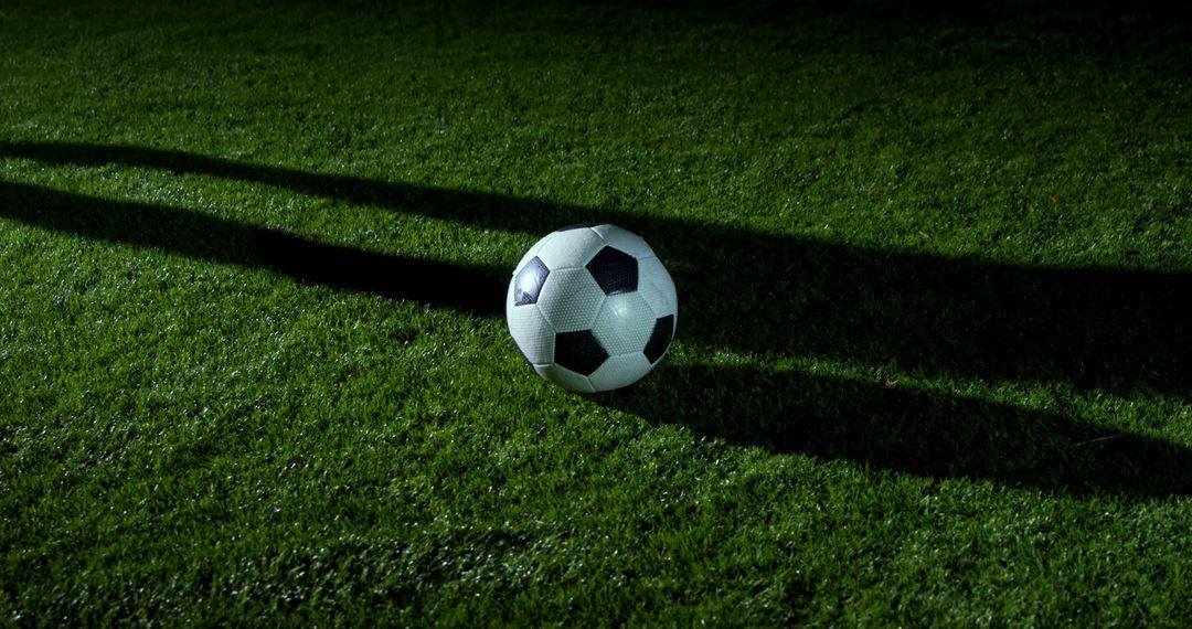 A spotlighted soccer ball on a field evokes the thrill of nighttime matches. - Free Images, Stock Photos and Pictures on Pikwizard.com