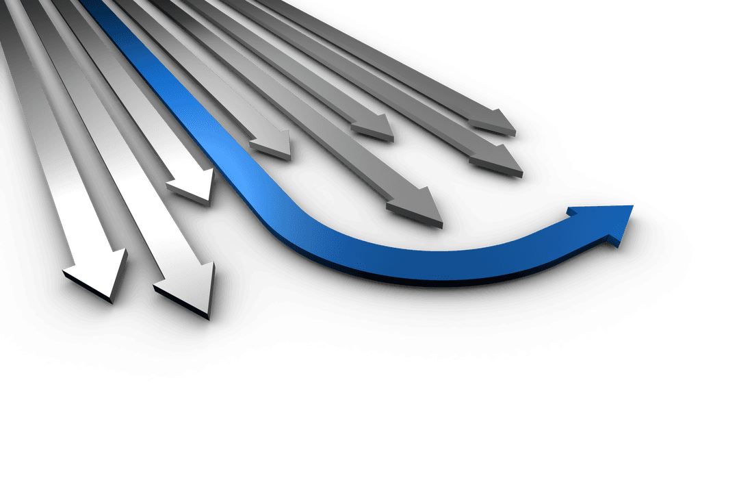 Blue Arrow Path Diverging from Grey Arrows Transparent Illustration