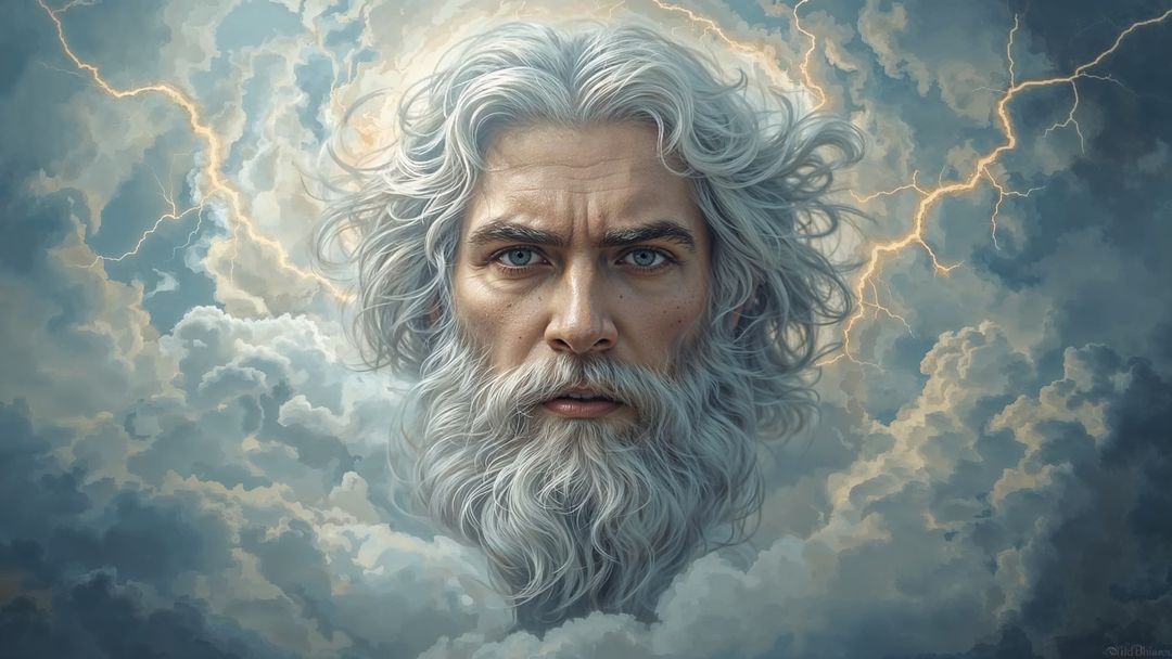 Mythical deity zeus head above storm clouds with lightning