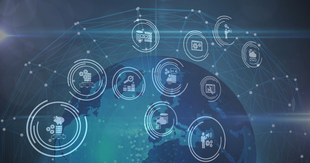 Global Network with Digital Interface Icons Across Globe