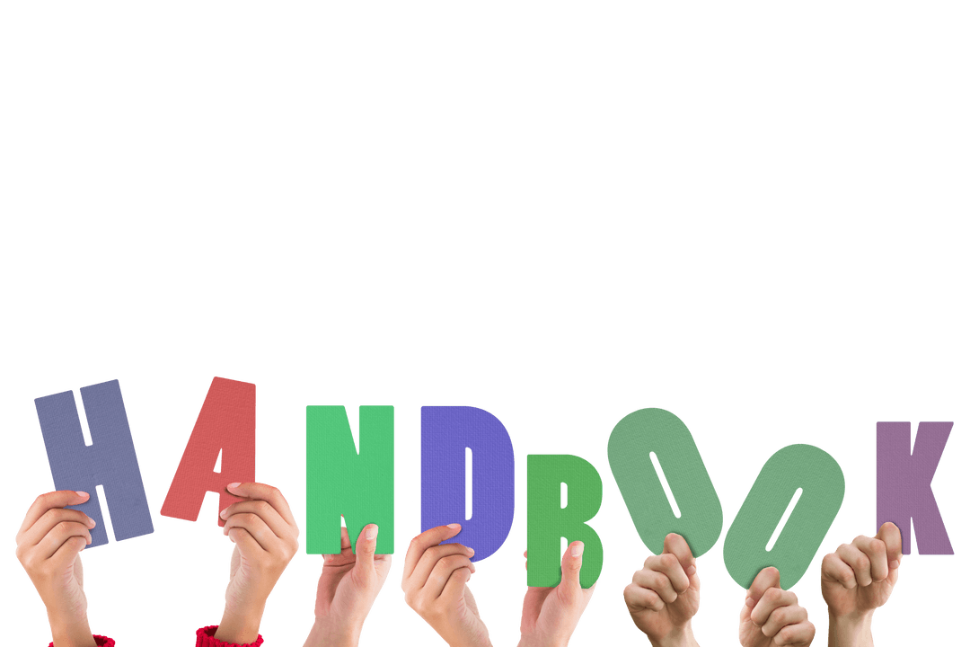 Hands Holding Handbook Letters on Transparent Background