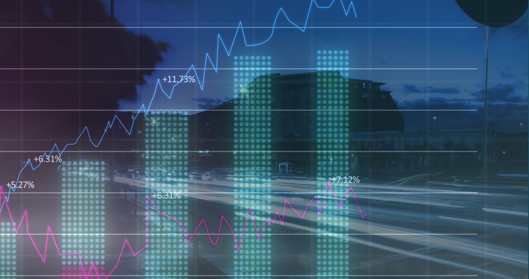 Global Financial Data Overlay with High-Tech Cityscape