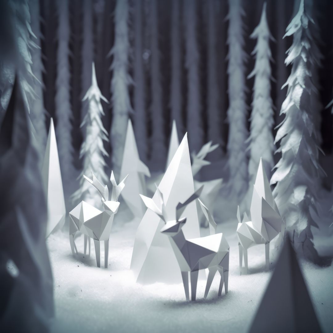 White origami forest and woodland animals in winter at night, created using generative ai technology - Free Images, Stock Photos and Pictures on Pikwizard.com
