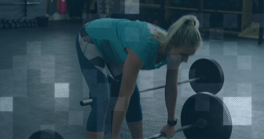 Female Athlete Deadlifting in Teal Top and Patterned Leggings with Graphic Mosaic Overlay