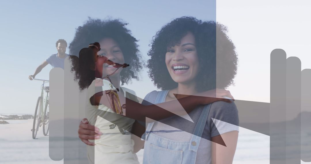 Joyful Family Connection at Beach with Bicycle and Overlay Infographic
