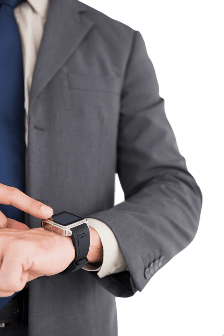 Caucasian Businessman Checking Modern Smartwatch on Transparent Background