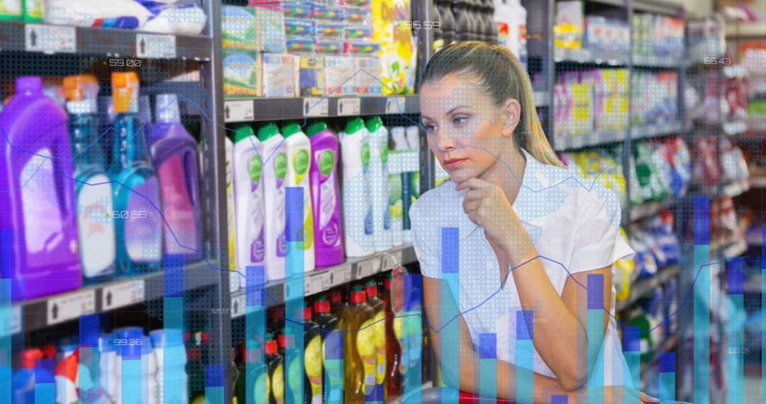 Woman Analyzing Supermarket Products with Virtual Data Overlays