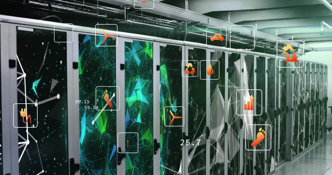 Abstract Data Icons Overlaying Server Farm Interior