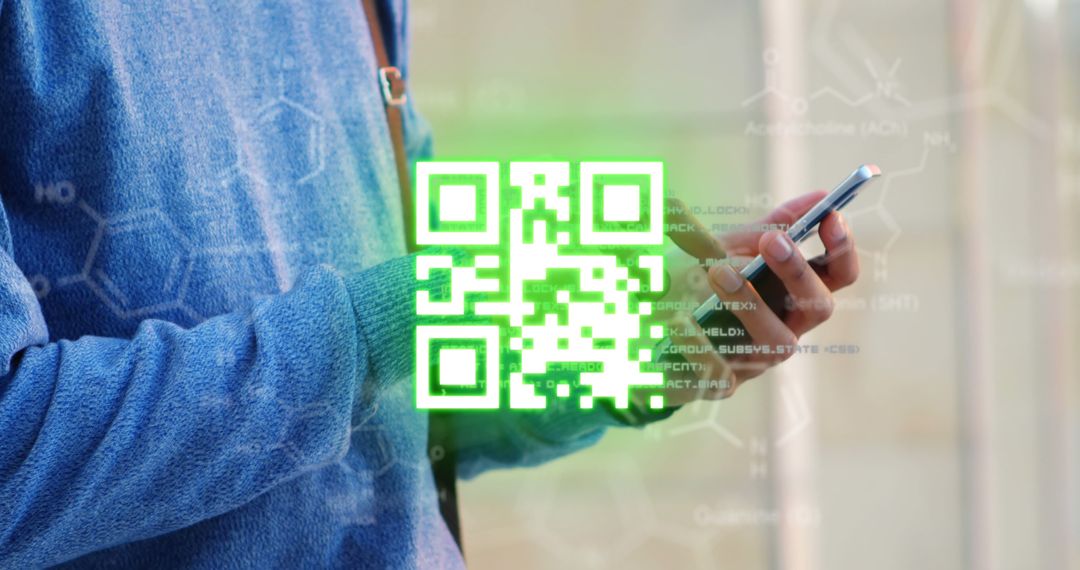 Image of glowing green QR code with data processing over man using smartphone in the background - Free Images, Stock Photos and Pictures on Pikwizard.com
