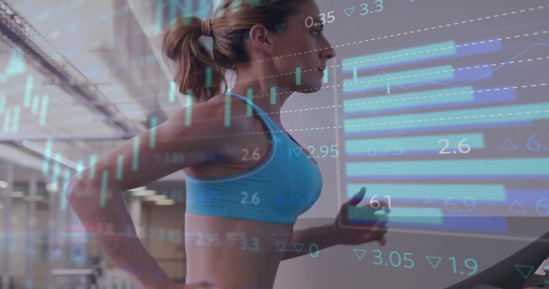 Woman Running on Treadmill with Fitness Data Overlay
