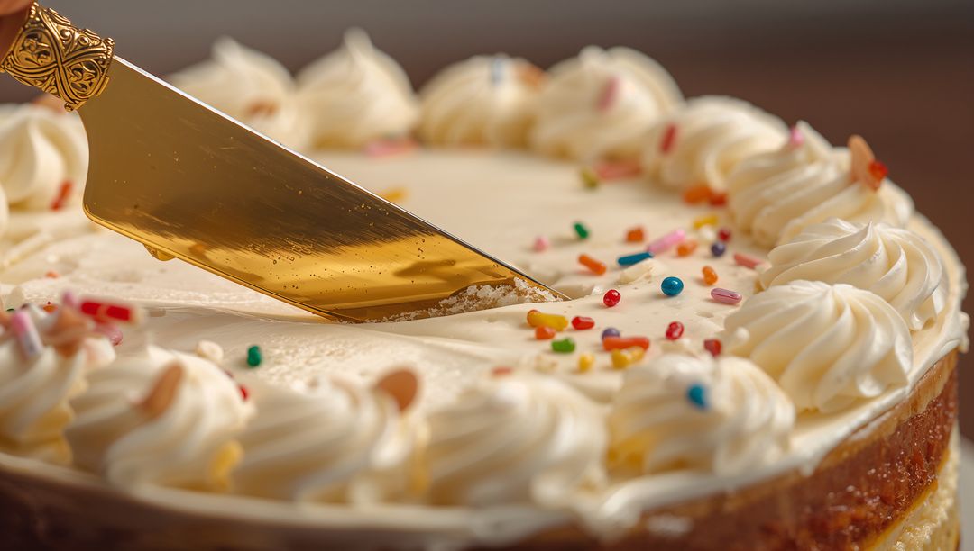 Cutting creamy frosted layer cake with ornate gold server, rosettes and colorful sprinkles