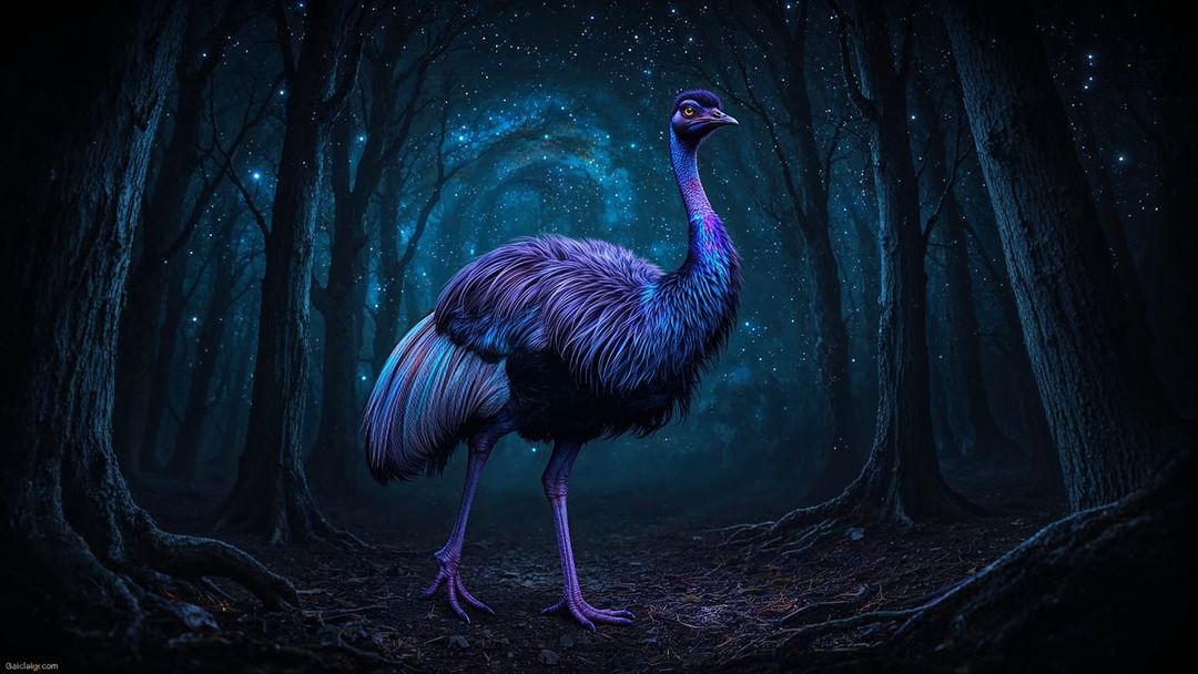 Mystical iridescent emu  glowing in enchanted forest