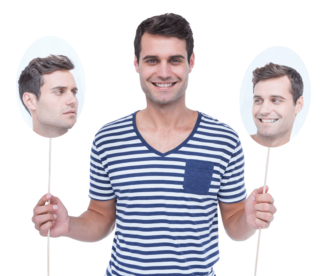 Man Holding Face Cards Displaying Varied Emotions on Transparent Background