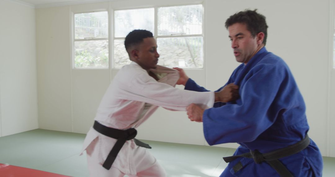 Two Martial Artists Practicing Judo in a Bright Room - Free Images, Stock Photos and Pictures on Pikwizard.com