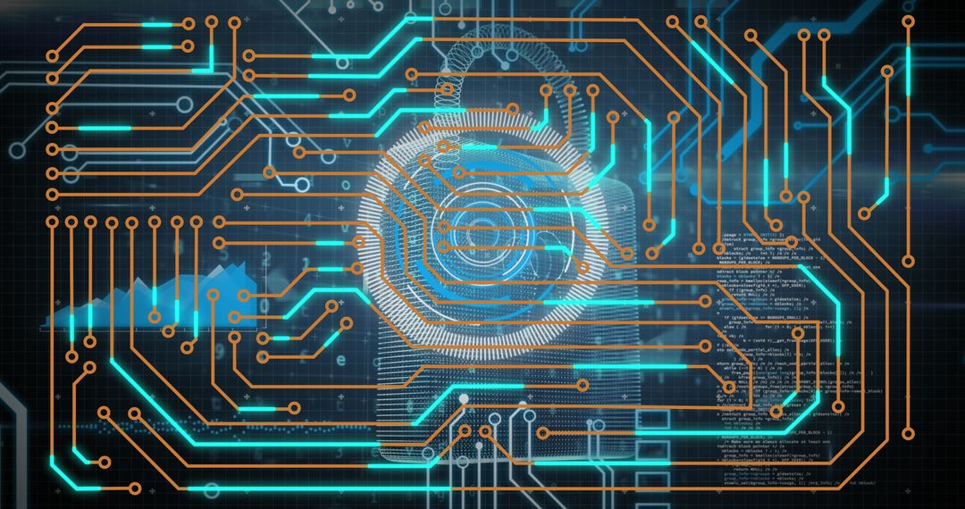 Futuristic Circuit Board Interface with Central Eye Design