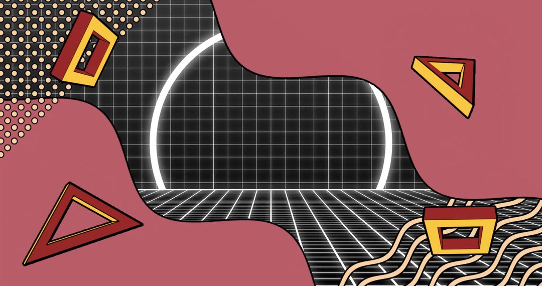 Abstract Geometric Shapes on Retro Digital Grid Background