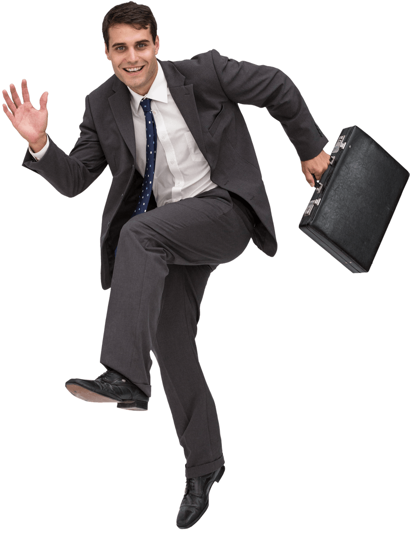 Dynamic Businessman Dancing with Suitcase Transparent Background