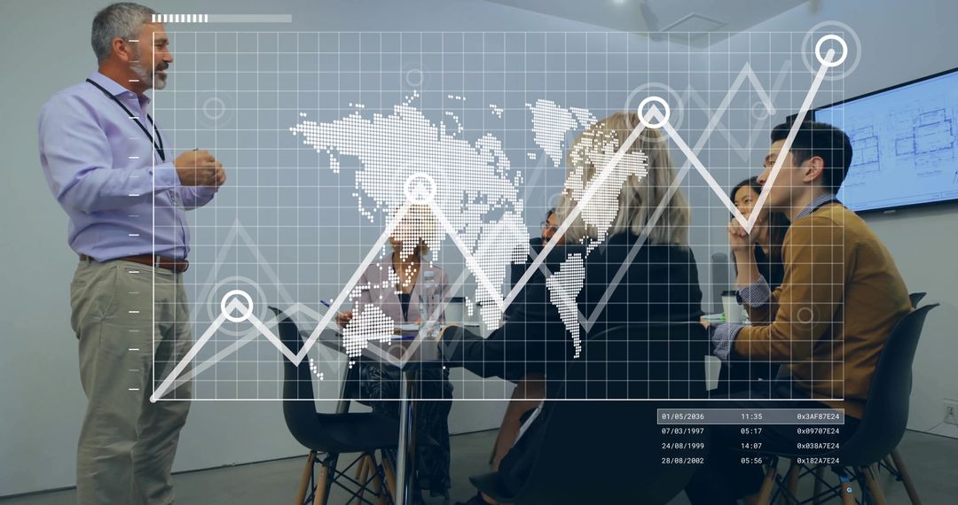 Business Leader Drives Strategy in Meeting with Digital Analytics Overlay