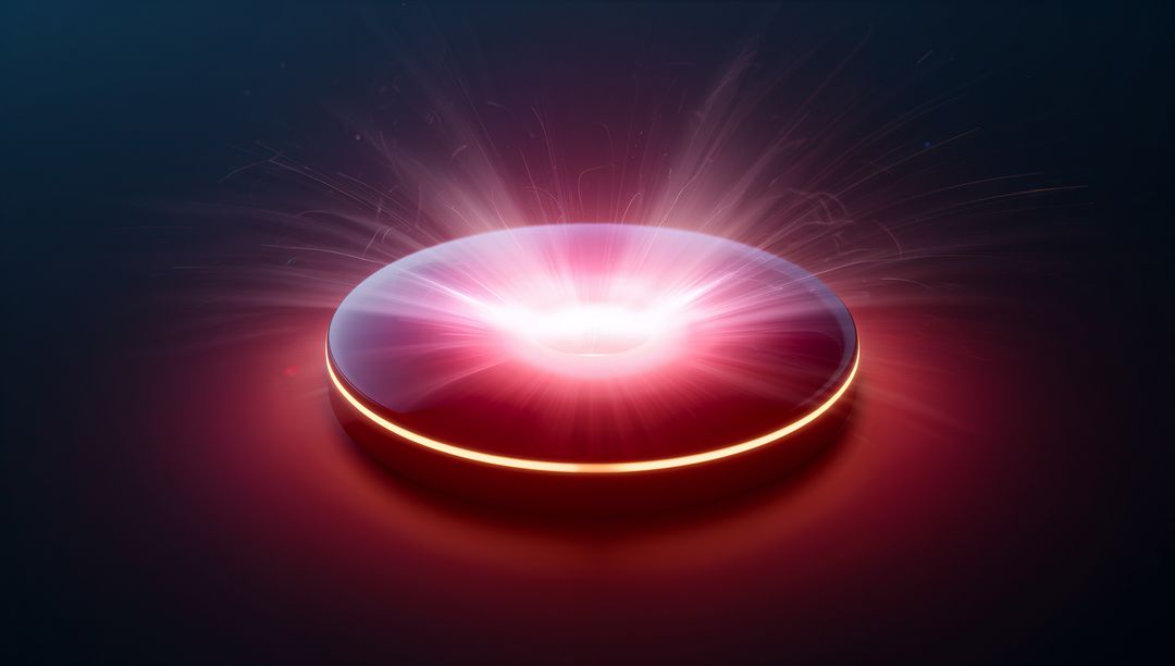 Glowing Futuristic Energy Disk Emitting Radial Light Beams on Dark Glossy Surface