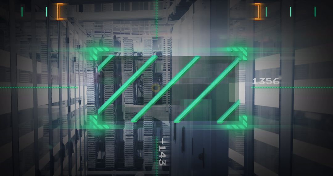 Futuristic Data Center Network with Digital Viewfinder Overlay