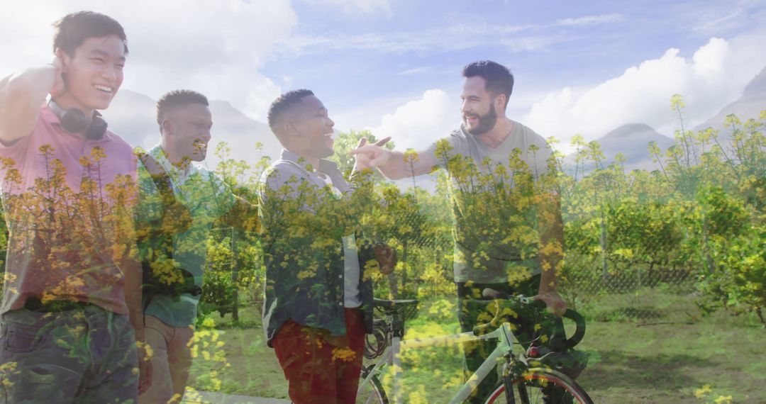 Friends Biking Adventure with Springtime High-Five in Flower Field