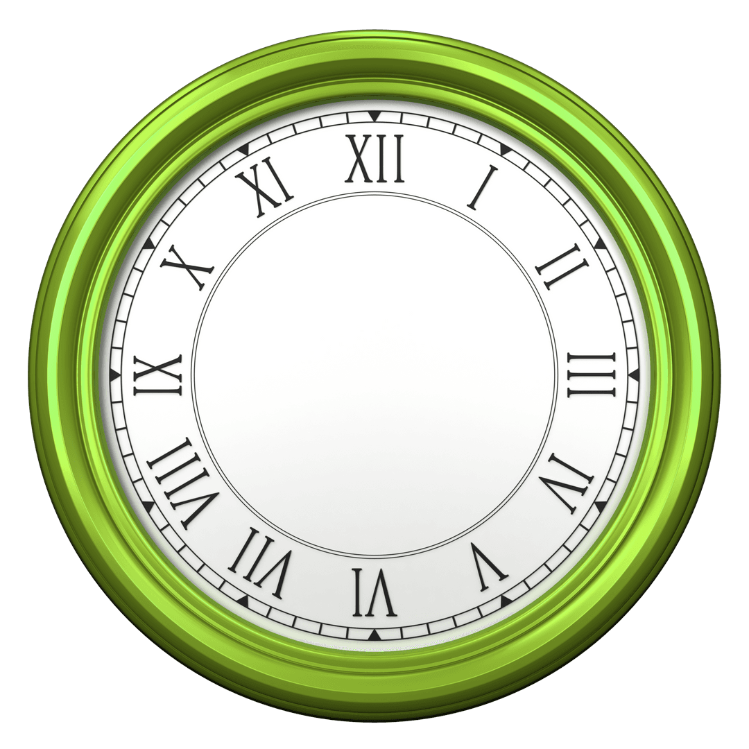Transparent Wall Clock with Roman Numerals and Green Frame