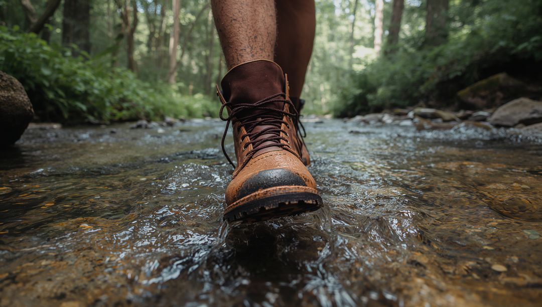 Stepping leather hiking boot creating ripples in shallow forest stream on muddy trail