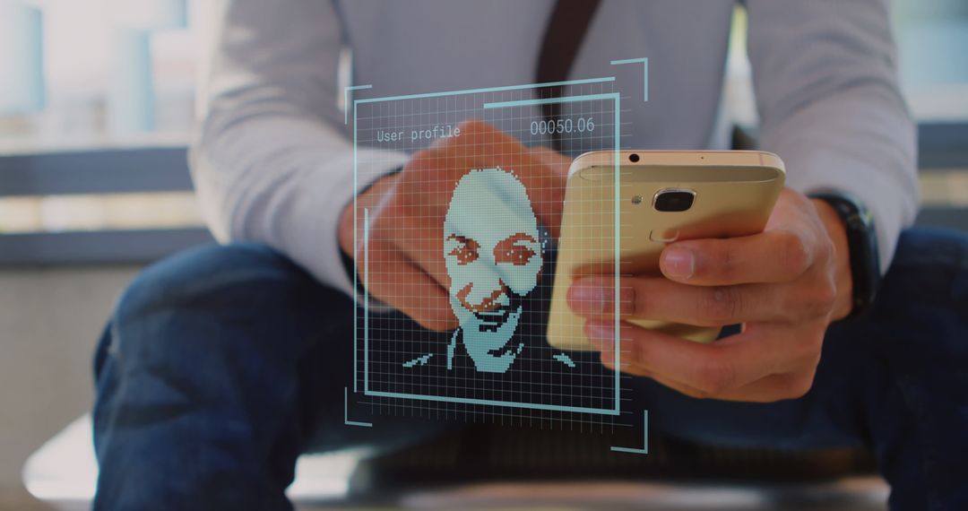 Businessman Using Smartphone with Digital Facial Recognition Icons Overlay