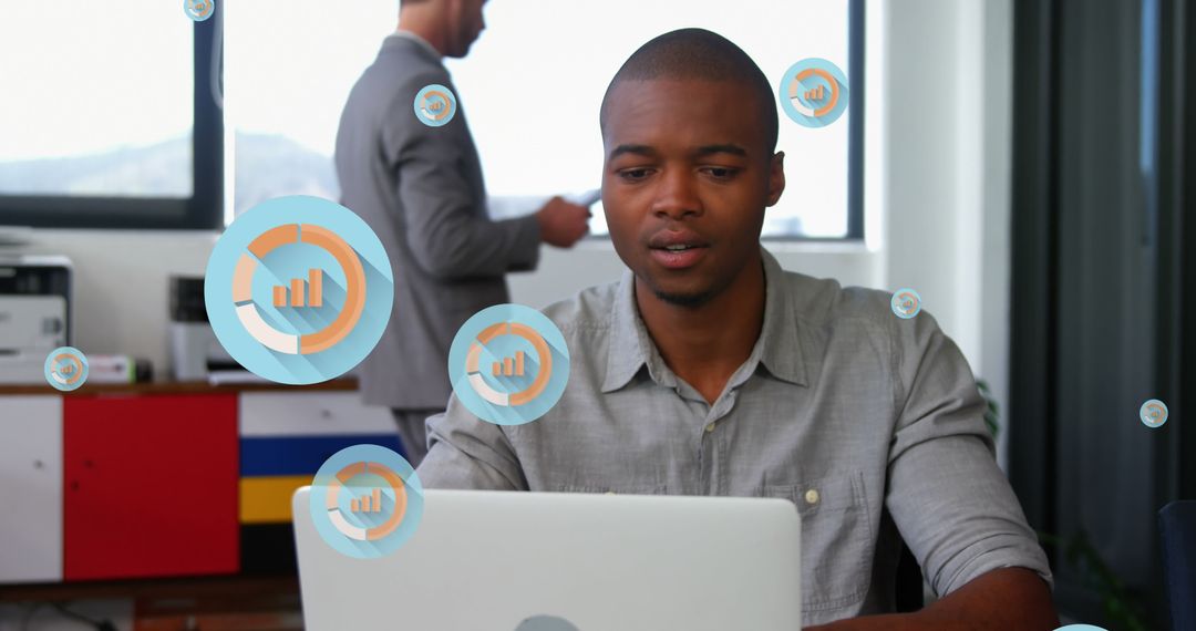 Overworked Businessman Analyzing Data with Creative Graph Icons Overlay