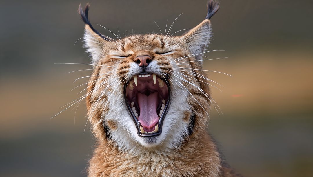 Yawning Lynx Closeup Showing Open Mouth, Sharp Canines, Ear Tufts and Whiskers